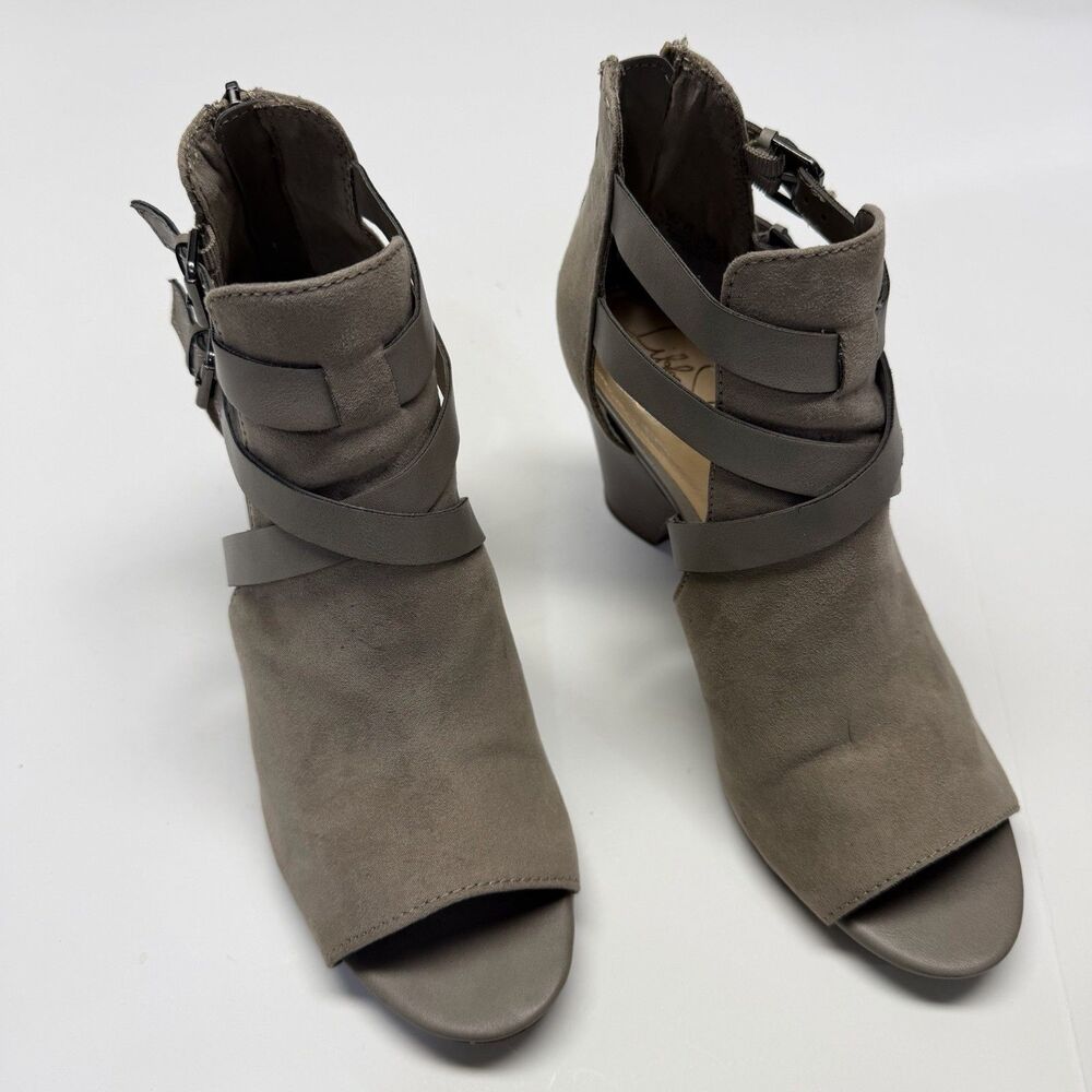 Libby Edelman Women's 8.5 Karla Peep Toe Strappy Booties Taupe Suede Zipper Back